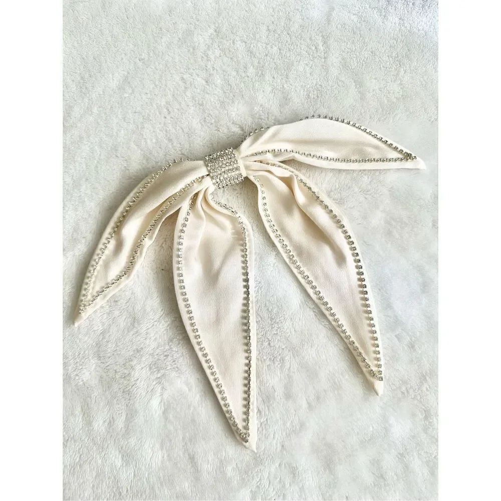 Off white rhinestone embellished hair bow